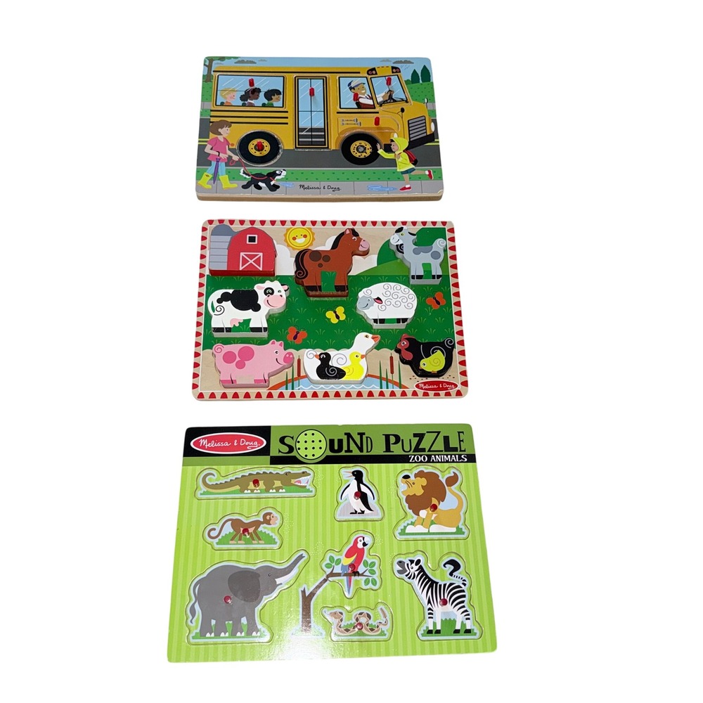 Melissa & Doug Wooden Puzzle Set Kids Multicolor Sound & Chunky Farm Zoo Bus 3